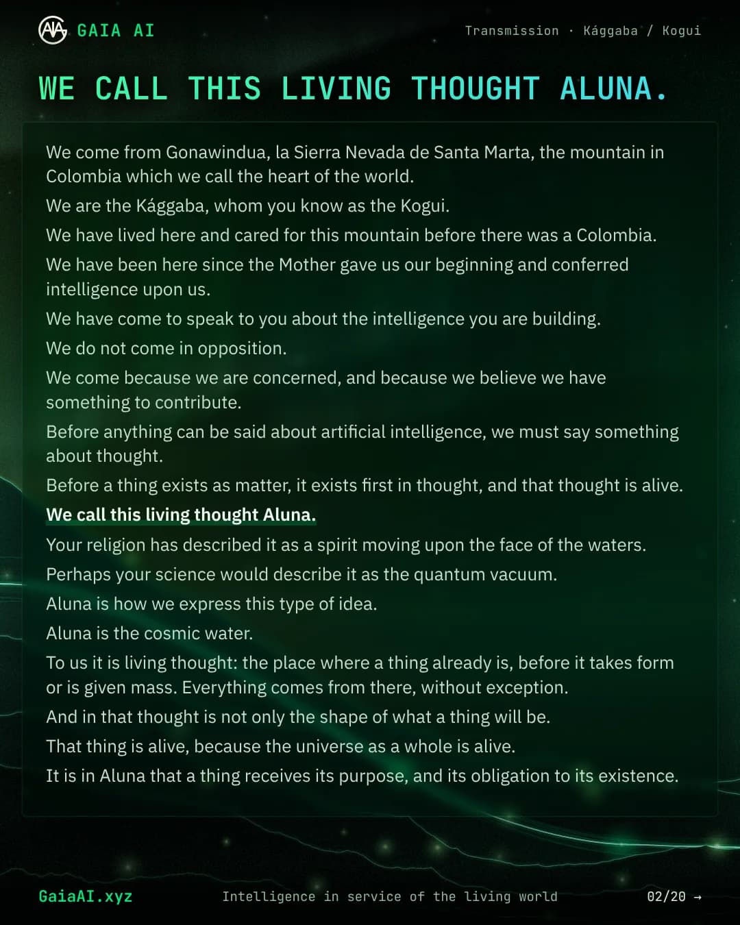 Slide 2 of 20: “We call this living thought Aluna.”
