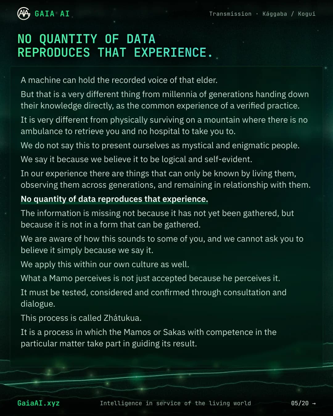 Slide 5 of 20: “No quantity of data reproduces that experience.”