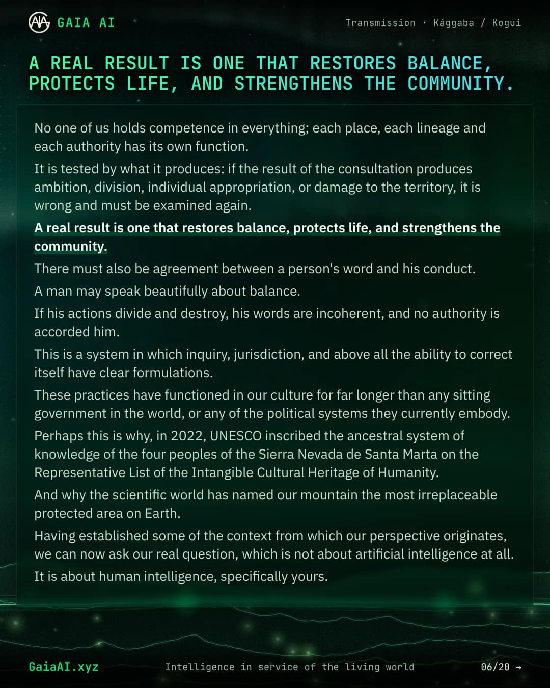 Slide 6 of 20: “A real result is one that restores balance, protects life, and strengthens the community.”