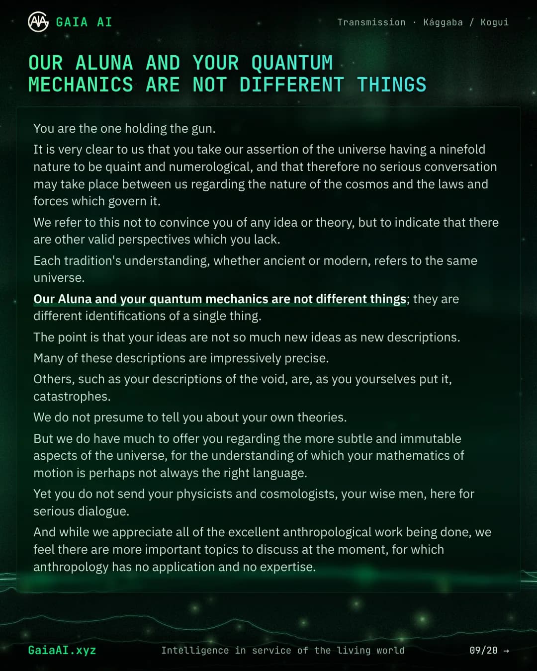 Slide 9 of 20: “Our Aluna and your quantum mechanics are not different things”